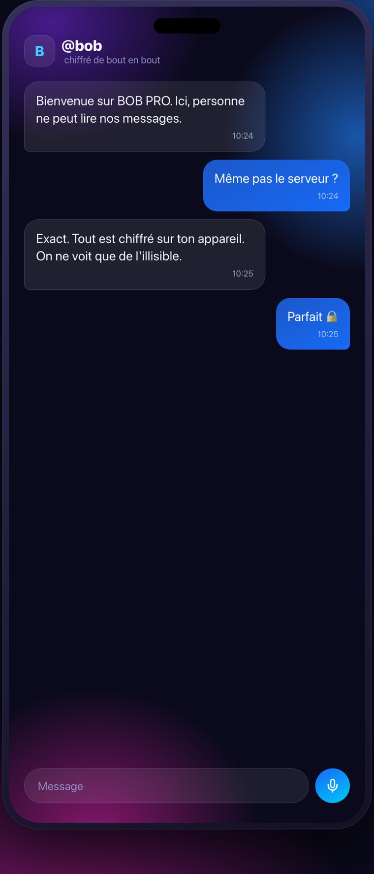 An end-to-end encrypted conversation in Bob Pro.