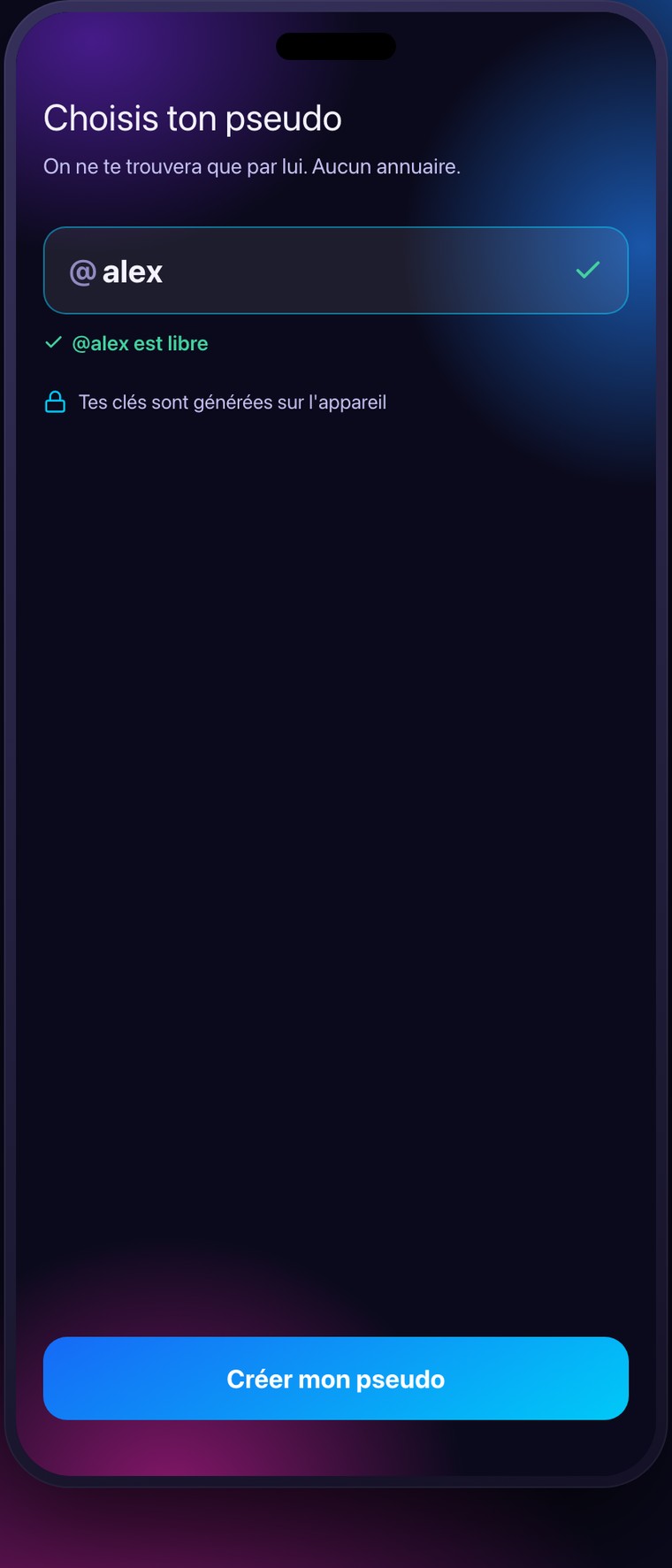 Bob Pro's “Choose your nickname” screen: @alex is available, keys generated on the device.